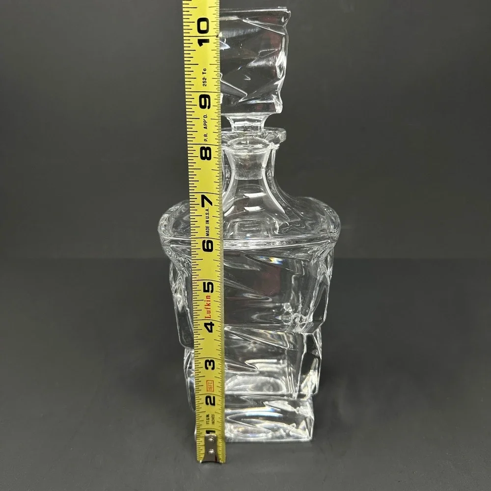 Modernist Brutalist Clear Crystal Glass Whiskey Decanter Geometric Stopper 10in